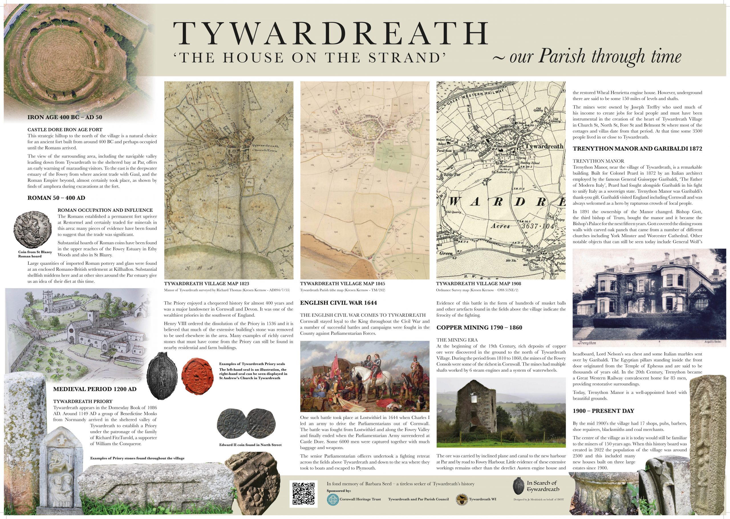 History Board for village of Tywardreath, Cornwall